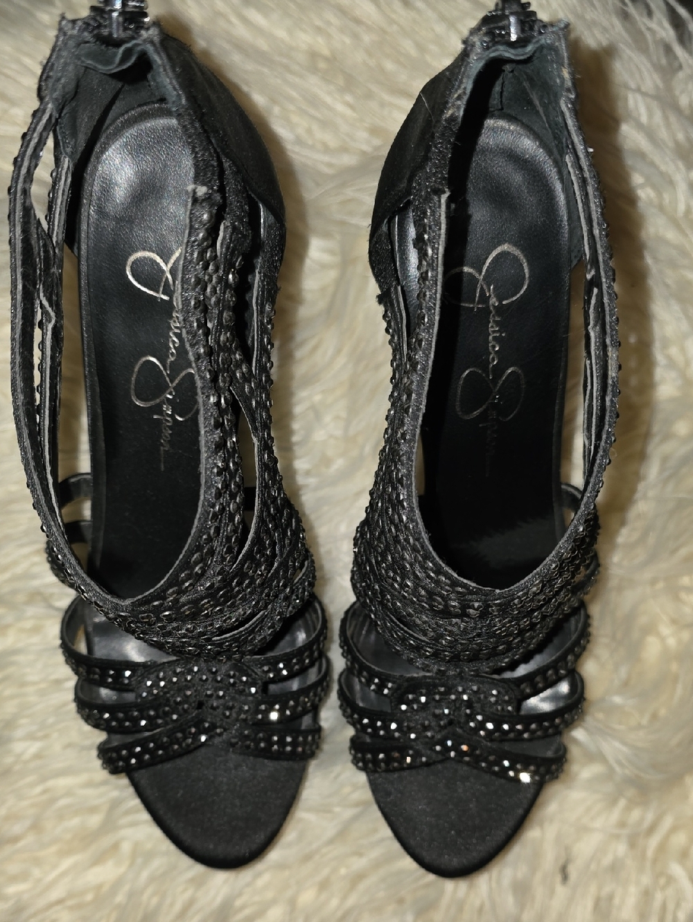 Jessica Simpson Black Satin Braided & Crystal Strap Heels